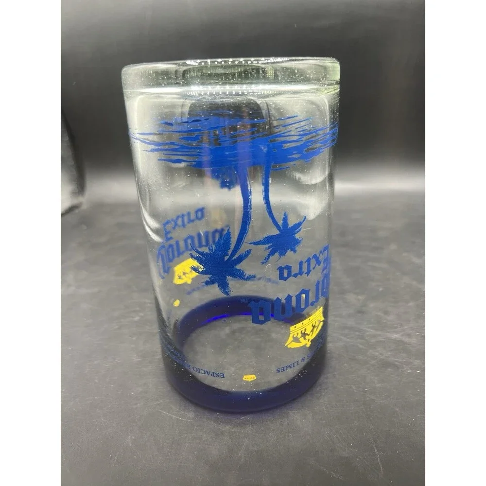 Corona Extra Beach Tiki Beer Glass Cobalt Blue Rim 5 3/8” Palm Trees Pint